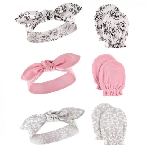 Hudson Baby Infant Girl Cotton Headband and Scratch Mitten 6pc Set, Toile, 0-6 Months