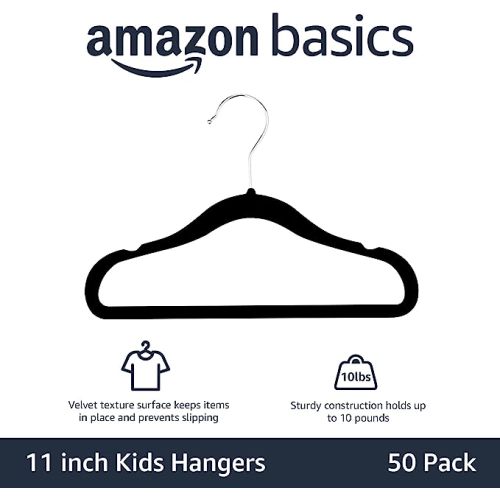 Amazon Basics Kids Velvet, Non-Slip Clothes Hangers for Infant and Toddler, 11.6 in (for baby clothes), Pack of 50, Black