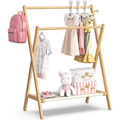 Kids Clothing Rack, Small Clothes Rack for Toddler Pets, Kids Dress Up Rack with Storage Shelf & Double Rods, Foldable Kids Clothes Rack for Nursery Child's Room, Regular Size