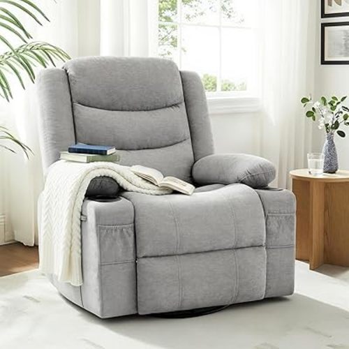 Swivel Rocker Recliner Chair, Manual Recliner Single Sofa with Cup Holders and Side Pocket, Chenille Fabric, Upholstered Nursery Rocking Chair for Living Room, Bedroom, Grey