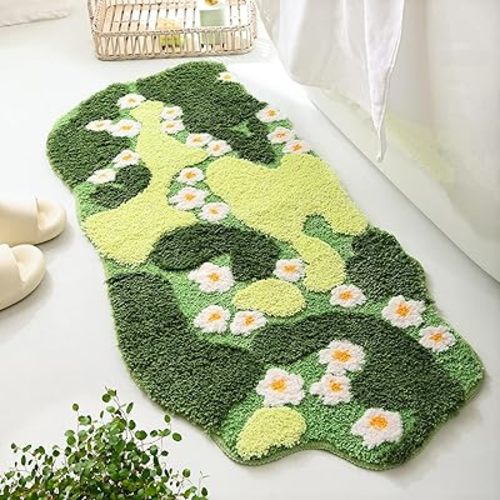 YIKUSH Bathroom Rugs Green Bath Mat Cute Moss Rug with Small White Flowers Non Slip Door Mat for Bedroom and Kitchen Soft Washable Rug Floral Bath Mats (43x20 inch)