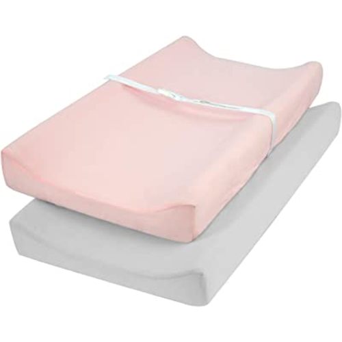 TILLYOU Changing Pad Cover Set in Soft Jersey Material - Fits 32"/34''x16" Contoured Pad for Babies,Peachy Pink & Lt Gray