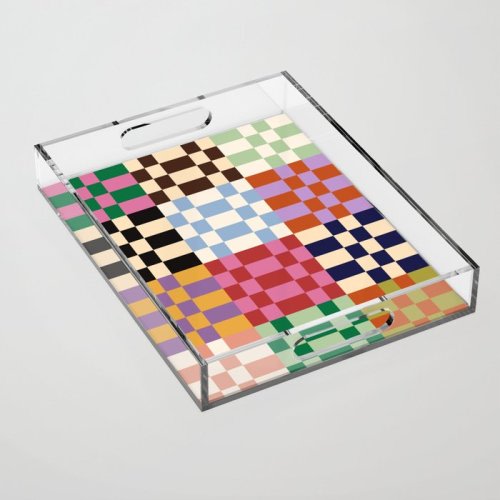 Retro 70s Colorful Patchwork Checkerboard Acrylic Tray by thespacehouse | Society6
