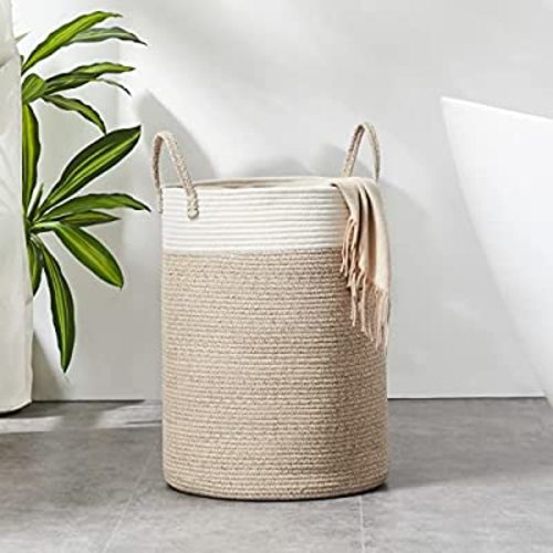 Cotton Rope Laundry Hamper by YOUDENOVA, 72L Woven Collapsible Laundry Basket - Toy & Clothes Storage Basket for Blankets, Laundry Room Organizing, Bedroom Storage, Clothes Hamper - Brown & White