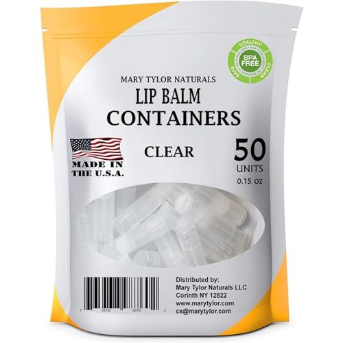 50 Clear Lip Balm Containers Round Tubes, BPA Free, Made in USA, 100% BPA Free, with Clear Caps For DIY Lipstick, homemade Lip Balms by Mary Tylor Naturals