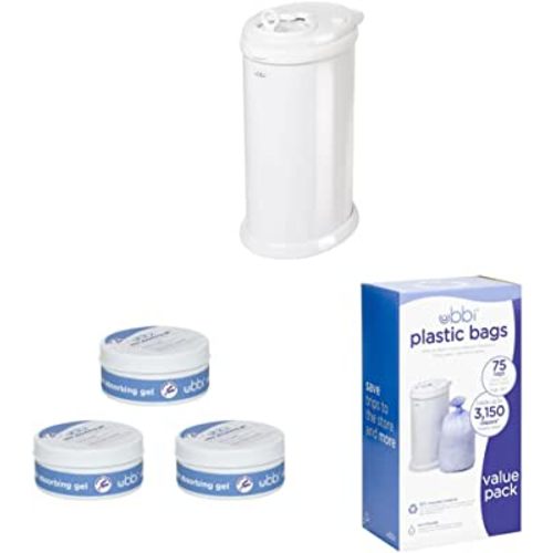 Ubbi Steel Odor Locking, No Special Bag Required Money Saving & Lavender Scented Odor Absorbing Gel Value Pack, Diaper Pail Odor Control Gel Packs & Disposable Diaper Pail Plastic Bags, Value Pack