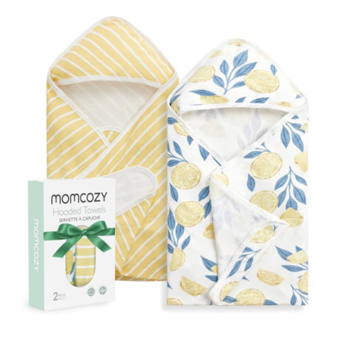 Momcozy Baby Hooded Towel, 2 Pack Baby Towel Set, Super Soft Bath Towel with Original Design, Shower Gifts for Infant, Toddler (28 X 28 Inch, Lemon Leaves)