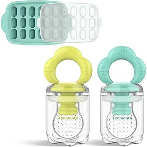 Baby Fruit Food Feeder Breastmilk Popsicle Molds with Freezer Tray, Tenmonth Silicone Baby Feeder for Safe Infant Self Feeding and Teething Relief 2 Pack, BPA Free
