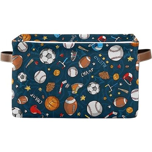 Sport Ball Baseball Basketball Storage Basket Bins, Football Soccer Decorative Baskets Storage Box Collapsible Storage Cubes Organizer with Handles for Nursery Shelf Closet Office Home