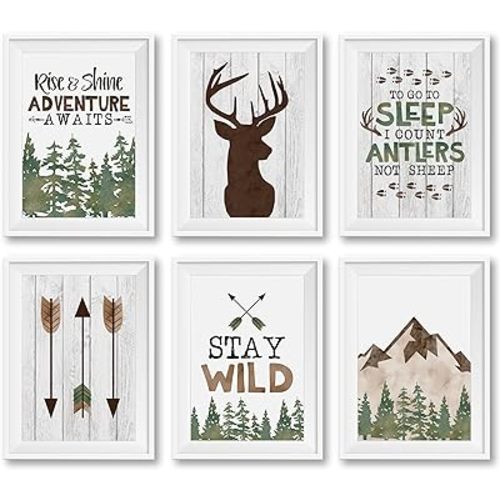 Hadley Designs 6 Reversible 8x10 Hunting Decor Prints, Unframed Deer Wall Art, Adventure Nursery Decor For Boys, Woodland Nursery Wall Decor For Boys Bedroom, Baby Boy Nursery Decor