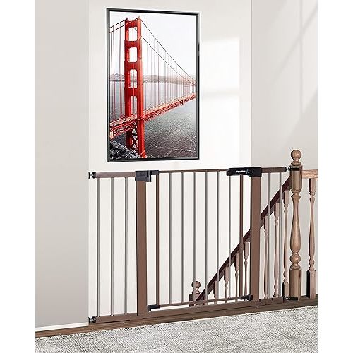 Newnice 29.7"-46" Baby Gate for Stairs, Auto Close Dog Gates for the House, Wide Baby Safety Pet Gates Pressure/Hardware Mounted for Doorway, Easy Walk Thru Child Gates for Stairs Kids Toddlers, Brown - 46"Wide, 30" Tall