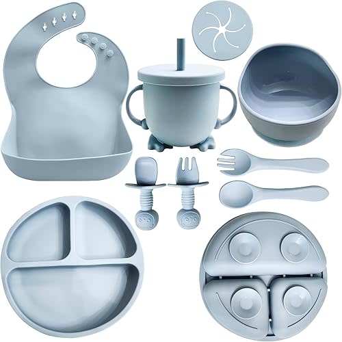 Baby Led Weaning Supplies | 10 Piece Silicone Feeding Set | Baby Toddler Bib Cup Divided Plate and Bowl Self Feeding Spoons Dish Set | Baby Utensils | Toddler Feeding Supplies (Blue)