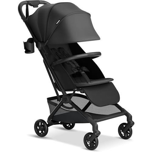 Mompush Velo Lightweight Travel Stroller – One-Hand Fold, Ultra-Compact & Airplane Friendly, Lie-Flat Recline Seat (from Birth to 50 lbs), Includes Cup Holder, Shoulder Strap, and Leather Bumper Bar