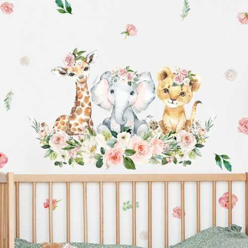 Cartoon Cute Watercolor Pink Floral Jungle Animal Wall Sticker for Kids Room Baby Girl Nursery Decals Bedroom Home Decor
