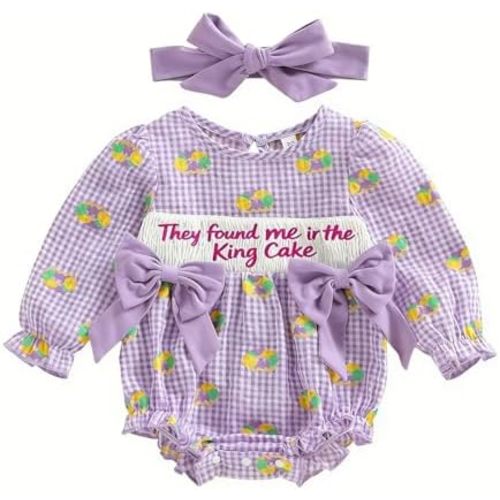 Baby Girl Carnival Outfit They Found Me in the King Cake Smocked Bubble Romper Plaid Bodysuit Spring Clothes Headband
