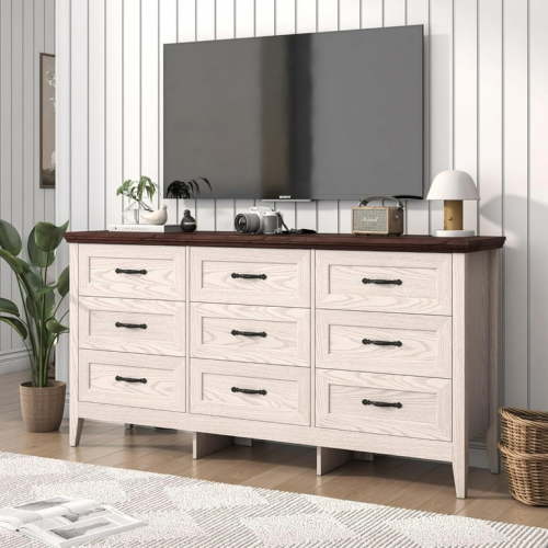 ANPOO 9 drawer dresser for Bedroom, Farmhouse Long Dresser with Charging Station and Antique Handles, Wood Chest of Drawers for Living Room, Entryway, Hallway, Hallway(Rustic Oak)