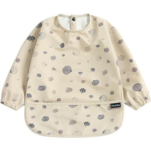 Baby Bib with Long Sleeves Bib & BLW, Machine Washable & Soft and Skin-Friendly Material, Coverall Bibs for Baby Feeding, Waterproof and Easy to Clean, for Baby Infant Toddlers (Beige)