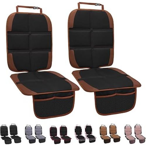 Car Seat Protector for Child, 2 Pack With Mesh Pockets & Non-Slip Backing 600D Durable Under Baby Seat Cover for Back Seat (Dark Brown, Standard)