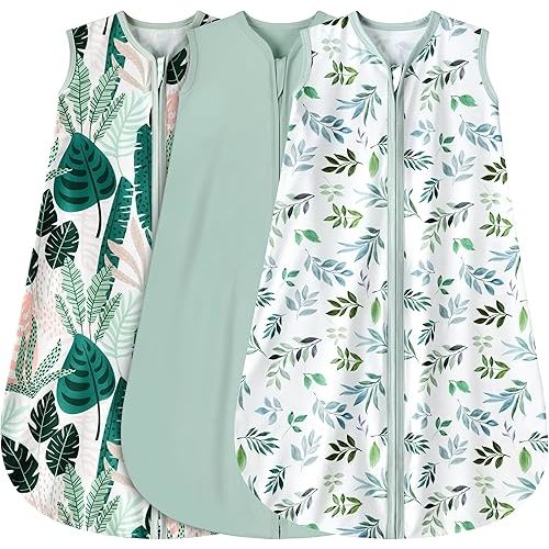 3 Pack Baby Sleep Sack 6-12 Months 100% Rayon Cotton Baby Sleeping Bag 2-Way Zipper Toddler Wearable Blankets Comfy Stretchy TOG 0.3 Lightweight(Banana&leaf&green)