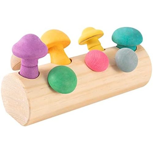 Set of 9 Colorful Wooden Mushroom Picking Toys- 8pcs Rainbow Simulation Mushroom Blocks in 8 Sizes with Wood Cylinder Base Mushroom Matching Shape Sorting Game Toys for Preschool Kids Infants Toddlers
