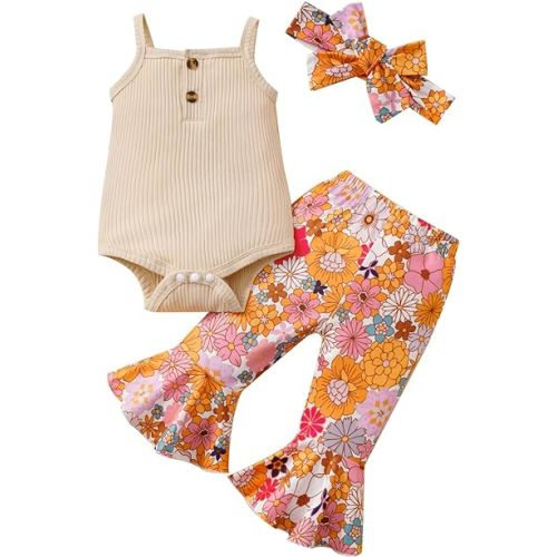 Newborn Baby Girl Clothes Sleeveless Strap Romper+Flared Pants Infant Summer Outfits 0-18 Months - 3-6 Months - A-beige