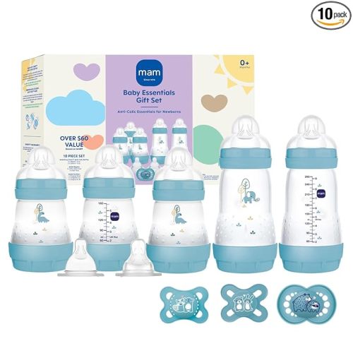 MAM Newborn Essentials Matte Feeding Set, Easy Start Anti-Colic Bottles 5oz, Self-Sterilizing, for 0-3 Months Pacifiers, Skinsoft Silicone Nipples, 10 Pieces for Boy