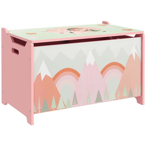 Qaba Toy Box with Lid - Pink MDF Toy Chest Storage Organizer for Bedroom, Cute Animal Design, 23.5x14.5x15.25in, 18.15lbs, 44lb Capacity, Safety Hinge, Rounded Corners