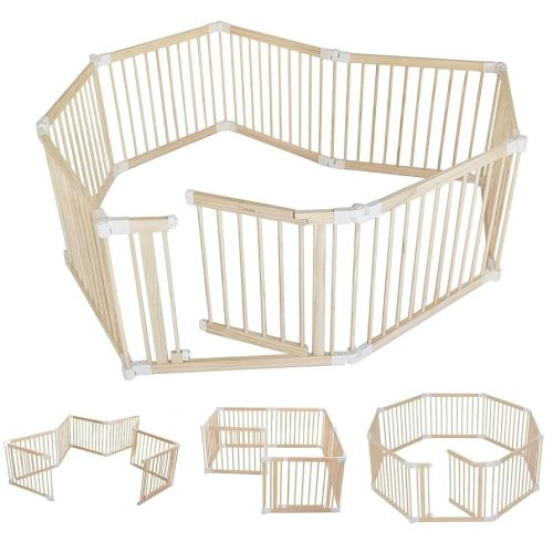 Foldable Wooden Baby Playpen Large Play Yard for Babies and Toddlers, 2 in 1 Portable Fence Custom 25" Tall Wood Gate with Adjustable Size & Shape for Infants 3-12 Months Indoor/Outdoor Area