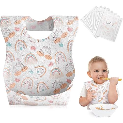Babebay Disposable Bibs, 30 pcs Individually Packaged with Catcher and Leakproof Liner for Toddler Feeding, Baby Travel Essential, Boho Rainbow