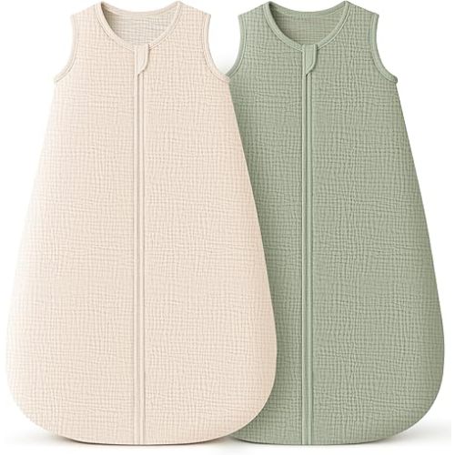 Konssy Muslin Baby Sleep Sack 6-12 Months 0.8 TOG, 2 Pack 100% Cotton Wearable Blanket for Babies, 2-Way Zipper Breathable Sleeping Sack Infant Toddler Essentials for Girls and Boys (Cream, Fog Green)