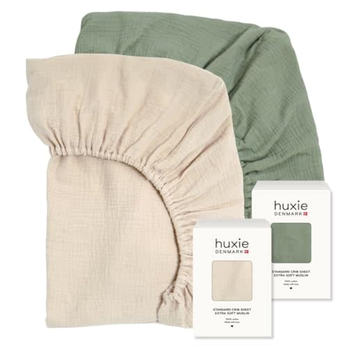 Crib Sheets – Organic Cotton Muslin Fitted Crib Sheet – Standard Size for Baby Boy and Baby Girl 28" x 52" Ultra-Soft and Breathable. 2-Pack (Fog/Roman Green)