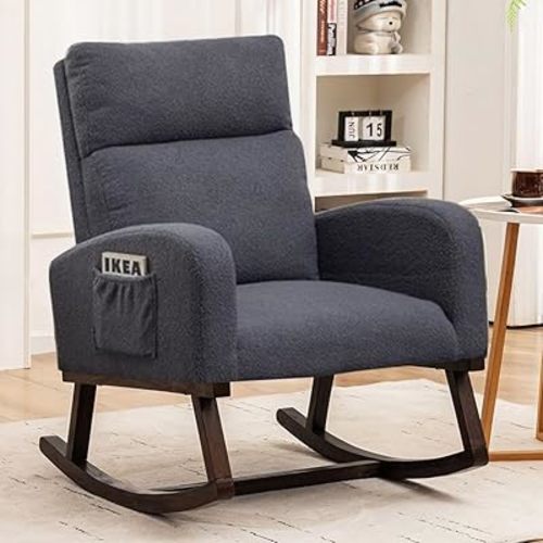 Nursery Rocking Chairs, Teddy Rocking Chair Nursery, Rocker Glider Chair for Mom Nursing with Side Pocket and High Backrest for Living Room Bedroom, Grey
