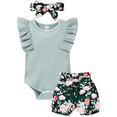 Tiny Cutey Baby Girl Clothes Infant Summer Outfits Set Ruffle Sleeve Romper and Floral Shorts with Headband