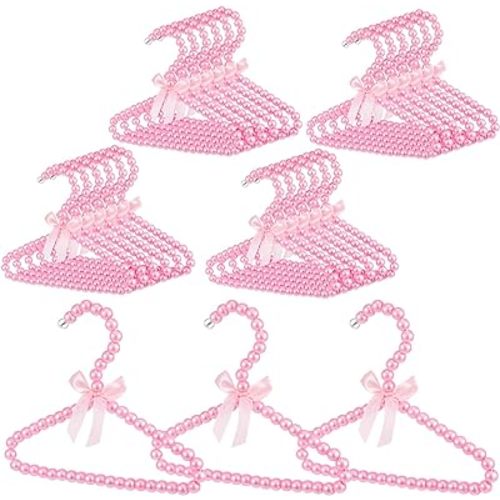 Wesiti 25 Pcs Small Pearl Hanger Mini Pearl Metal Elegant Clothes Hangers with Ribbon for Women Dog Cat (Pink)