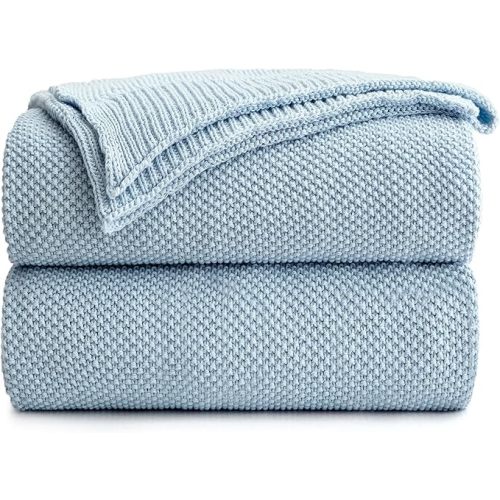 100% Cotton Light Blue Cable Knit Throw Blanket for Couch Sofa Bed Home Décor – Lightweight 50“ x 60”, Bonus Laundering Bag, Machine Washable