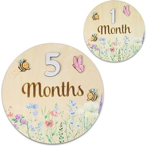 Baby Monthly Milestone Cards - Wooden Monthly Milestone Discs - Newborn Photography Props to Document Your Baby´s Growth - Baby Announcement Sign (Circle Flower)