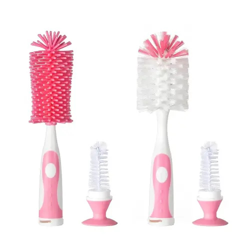 Multifunctional Cleaning Brush, Baby Bottle Brush, Bottle Brush Cleaner (Rotate The Suction Cup to Obtain The Small Bristle Brushes) Set Z, Pink, Silicone and Nylon Brush