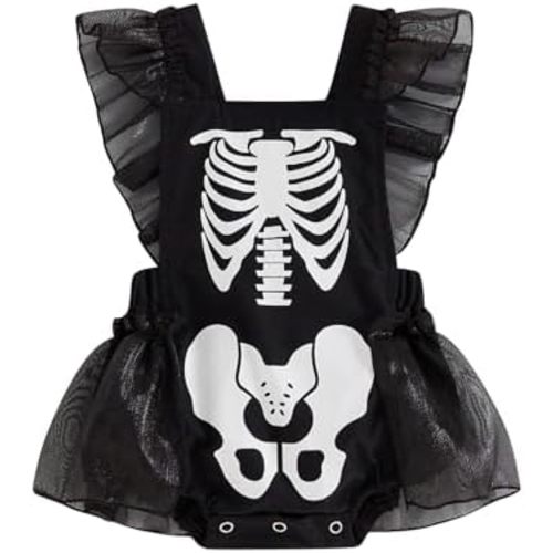 GOOCHEER Newborn Infant Baby Girl Halloween Outfit Clothes Skeleton Skull Romper Ruffle Mesh Tulle Dress Bodysuit Jumpsuit