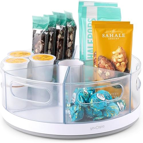YouCopia Crazy Susan Lazy Susan Organizer, 6 BPA-Free Removable Clear Bins with Handles, Rotating Storage Turntable for Kitchen Cabinet, Pantry and Bathroom Organization,White