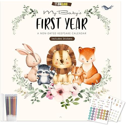 Baby's First Year Calendar with Stickers by Bright Day - 1st Year Tracker - Baby Memory Book for Girls to Document and Cherish Baby First Year Milestones,- Milestone Keepsake for Baby Boy with Pocket