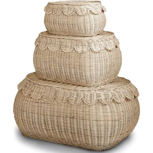 Large Scalloped Basket Set Of 3 - Hand Woven Scallop Basket - 22 x 16 x 10 In - Scalloped Wicker Basket - Scalloped Edge Basket - Scalloped Storage Basket (Natural)
