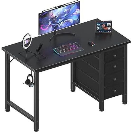 Lufeiya Small Gaming Desk with 4 Fabric Drawers, 40 Inch Kids Girls Teen Cute Study Desk for Bedroom, Reversible Work Computer Writing Table Desks for Small Space Home Office, Black