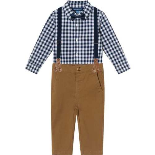 Infant 3-Piece Set Buttondown Suspenders & Pant Set, Navy Gingham - Andy & Evan | Maisonette