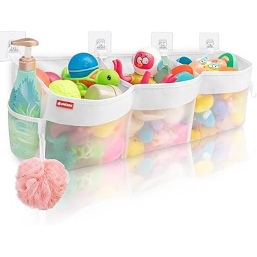 UNEEDE 3 Compartment Horizontal Bath Toy Storage,4.95 Gallons Bathtub Toy Storage Organizer,Bath Toy Holder For Bathtub,Baby Organizer And Storage,Bath Toy Organizer For Tub,Mesh Shower Caddy