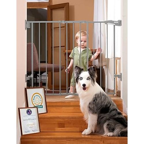 Babelio Baby Gate for Stairs, Kitchen & Doorways, 26-43" W 28" H No Bottom Bar| Easy Installation| One-Handed Operation| Auto-Close| Hardware Mount (Drill Needed) Safety Dog/Pet Gate Indoor (Grey)
