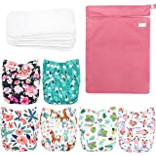 Babygoal Baby Cloth Diapers for Girls, One Size Reusable Washable Pocket Nappy, 6pcs Diapers+ 6pcs Microfiber Inserts+4pcs Bamboo Inserts 6fg27 - Girl Color 27