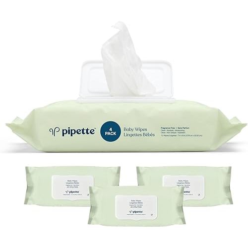 Pipette Baby Wipes - 100% Plant-Based Fibers and Plant-Derived Moisturizers, Water-Based (Fragrance-Free, 288-Count)