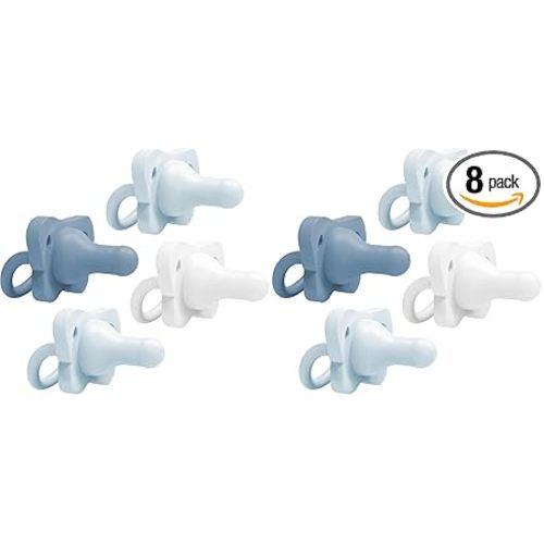 Dr. Brown's HappyPaci 100% Silicone Baby Pacifier, Contoured One-Piece Design, Light-Blue, Blue, White, 0-6m, BPA-Free, 8-Pack