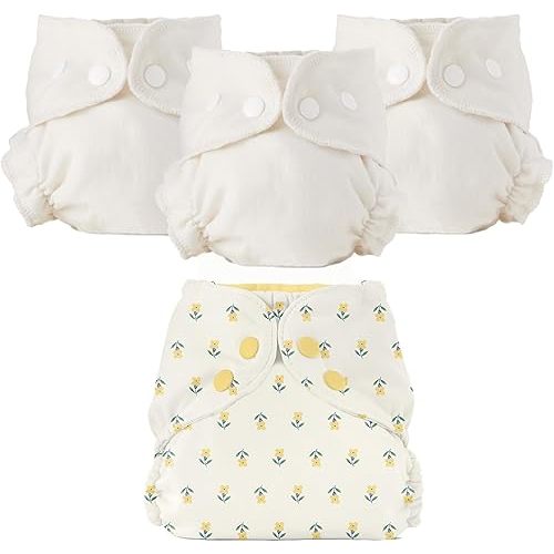 Esembly Cloth Diaper Bundle Set - 3 Organic Cotton Absorbent Inners and 1 Waterproof Outer Diaper Cover - Reusable, Washable, Snap Closure Cloth Diapers - Size 1 (7-17lbs), Buds