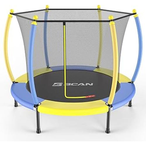 BCAN 60''/48" Mini Trampoline for Ages 1 to 8 Kid, 5FT Toddler Trampoline - Indoor/Outdoor Use with Enclosure Net, Foam Handle, Adjustable Gymnastics Bars, Basketball Hoop, Gifts for Boys & Girls